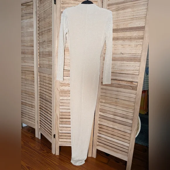 Mable Champagne Ruched Plunge Long Sleeve Maxi Dress Glam Evening Gown S - Picture 6 of 7